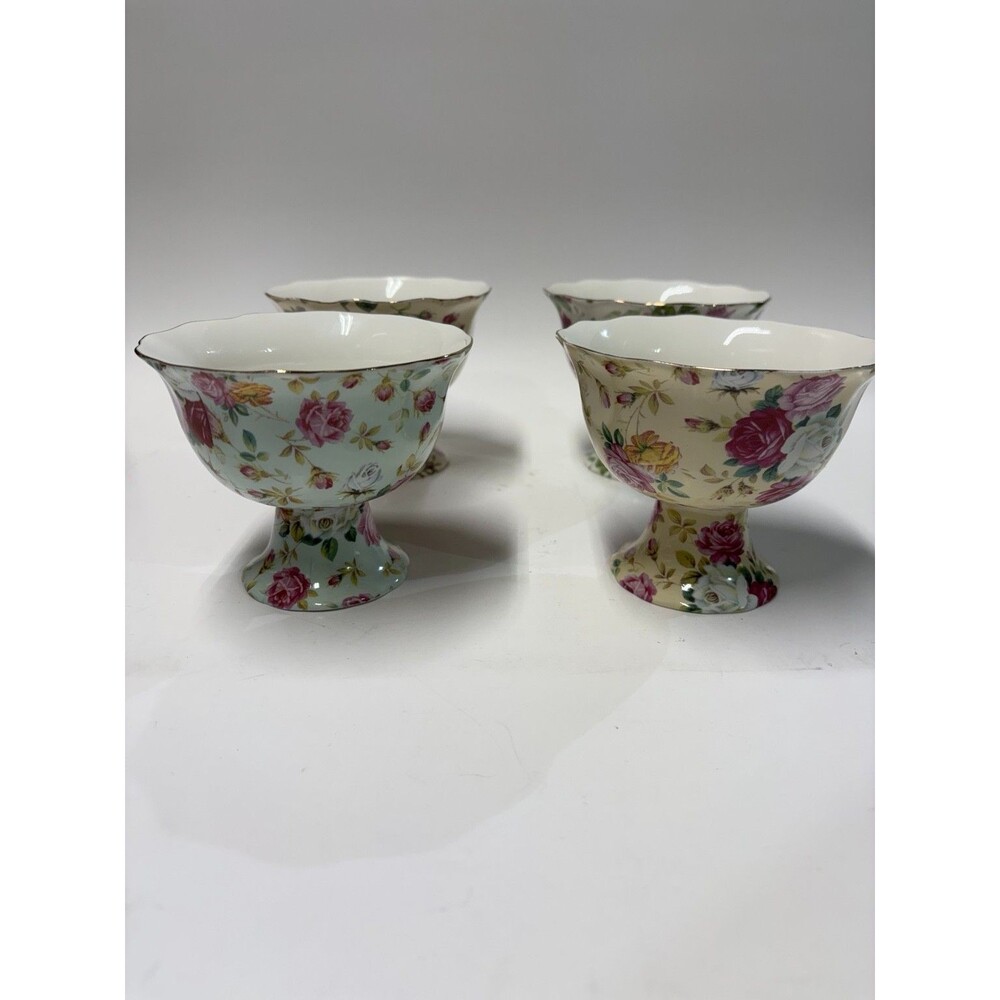 Gracie China Charity Collection Floral Pedestal Dessert Bowls Set 4 Rose Gold